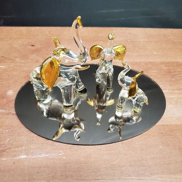 Glass Blown Elephant Trinket Ring Holder 22kt Gold Trim Mirror Base - Picture 9 of 10